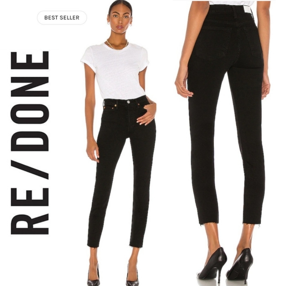 RE/DONE Original High-rise Ankle Jean Black Button Fly Raw Hem